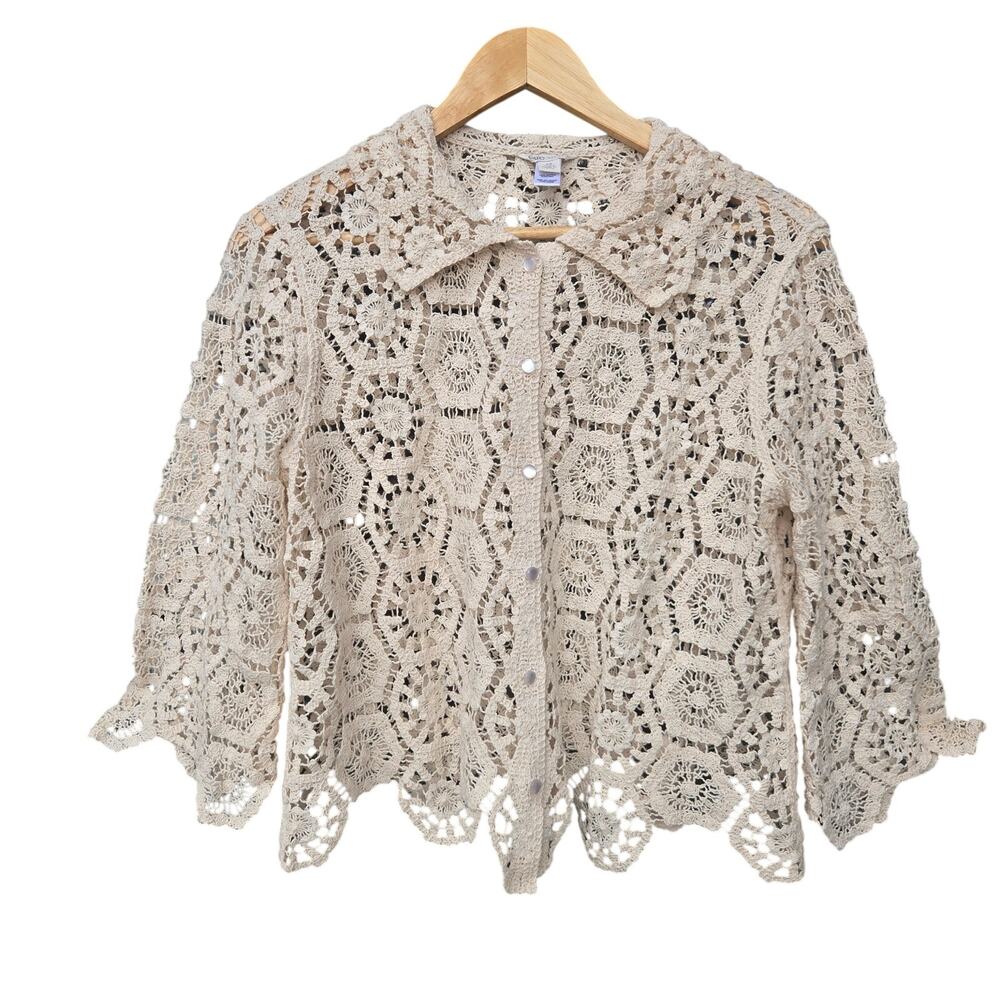 Cato Women Vtg Cottage Boho Festival Indie Coquette Crochet Lace Button Up Top M